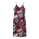 White Red Sugar Skull Pattern Print Jersey Midi Cami Dress