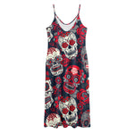White Red Sugar Skull Pattern Print Jersey Midi Cami Dress