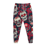 White Red Sugar Skull Pattern Print Jogger Pants