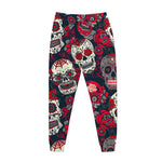 White Red Sugar Skull Pattern Print Jogger Pants