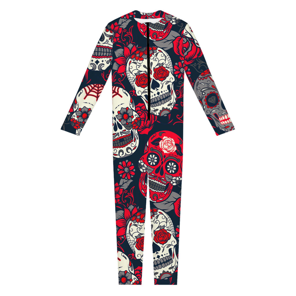 White Red Sugar Skull Pattern Print Jumpsuit