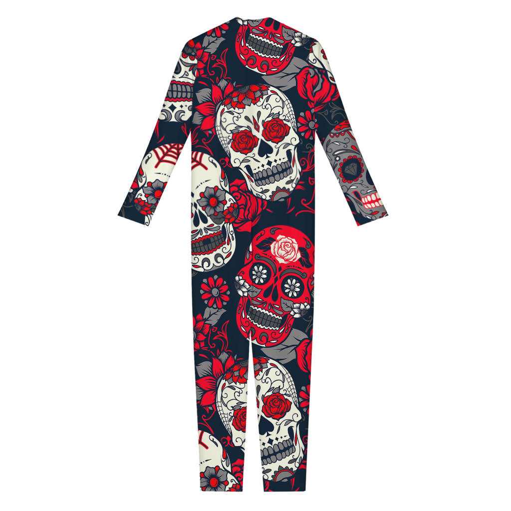 White Red Sugar Skull Pattern Print Jumpsuit