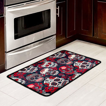 White Red Sugar Skull Pattern Print Kitchen Mat