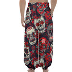 White Red Sugar Skull Pattern Print Lantern Pants