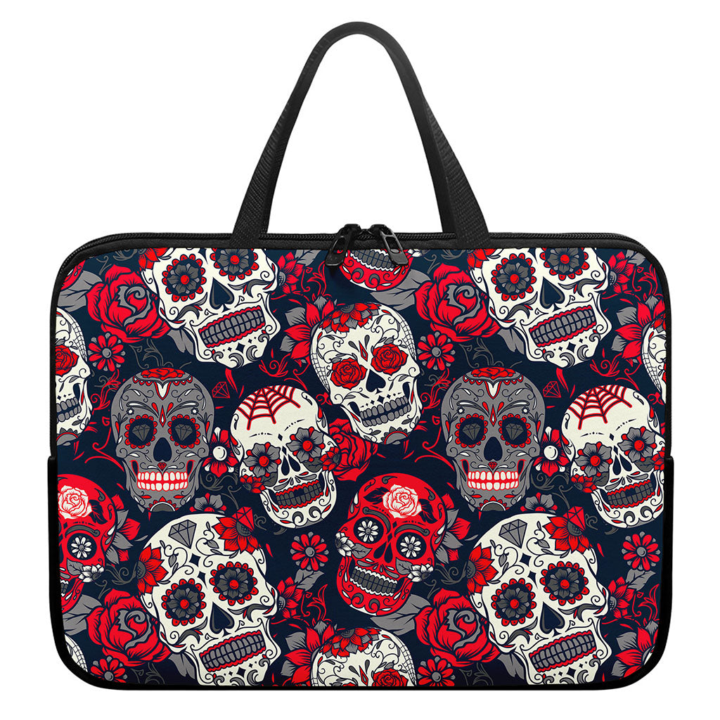 White Red Sugar Skull Pattern Print Laptop Sleeve With Handle