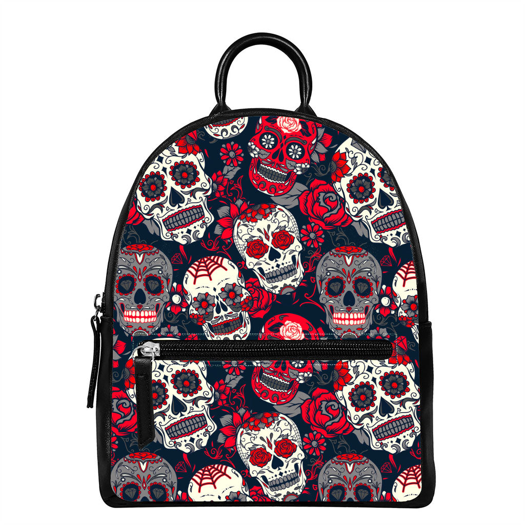 White Red Sugar Skull Pattern Print Leather Backpack