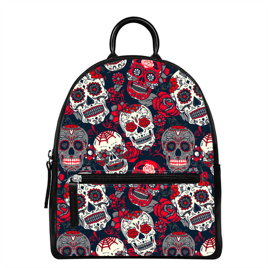 White Red Sugar Skull Pattern Print Leather Backpack