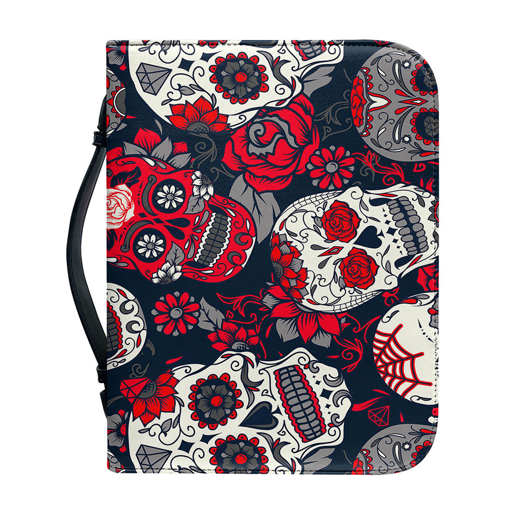 White Red Sugar Skull Pattern Print Leather Bible Cover