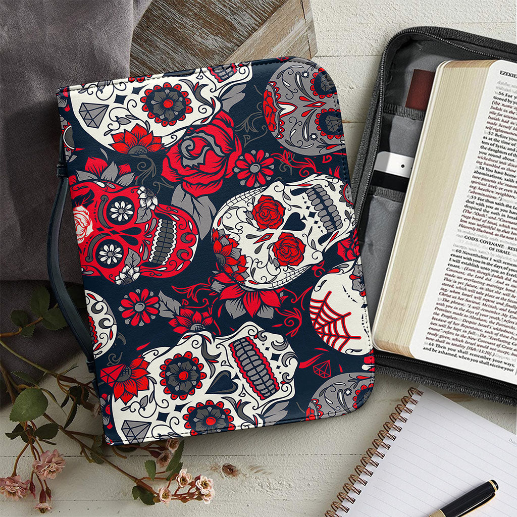 White Red Sugar Skull Pattern Print Leather Bible Cover
