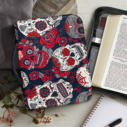 White Red Sugar Skull Pattern Print Leather Bible Cover