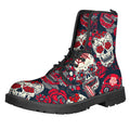 White Red Sugar Skull Pattern Print Lace-Up Boots