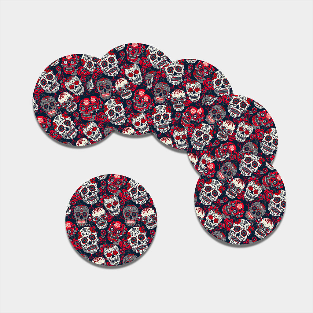 White Red Sugar Skull Pattern Print Leather Coaster Set