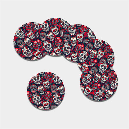 White Red Sugar Skull Pattern Print Leather Coaster Set