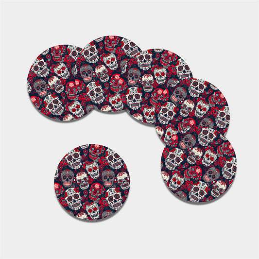 White Red Sugar Skull Pattern Print Leather Coaster Set