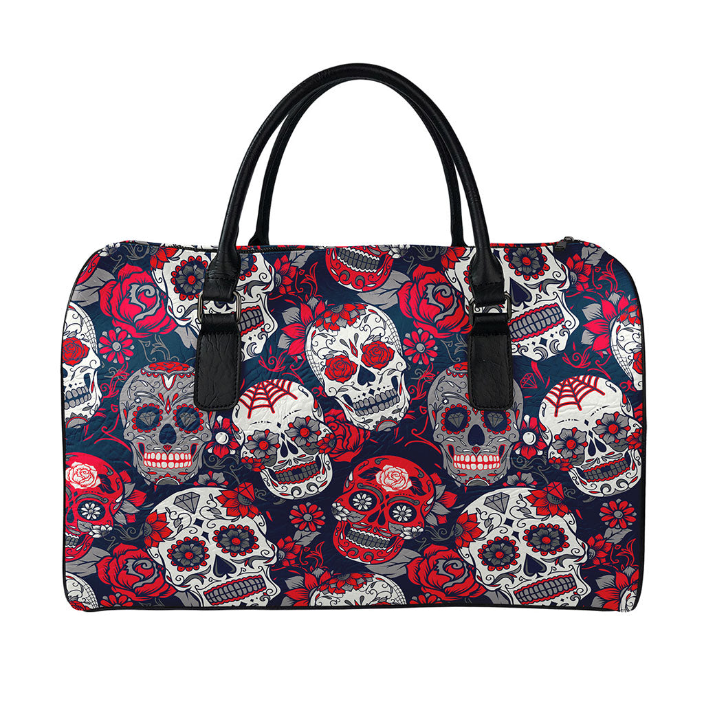 White Red Sugar Skull Pattern Print Leather Duffle Bag