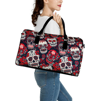 White Red Sugar Skull Pattern Print Leather Duffle Bag