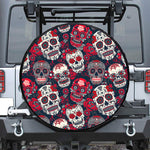White Red Sugar Skull Pattern Print Leather Spare Tire Cover