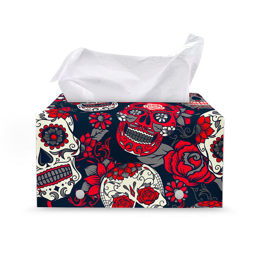 White Red Sugar Skull Pattern Print Leather Tissue Box Cover