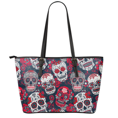 White Red Sugar Skull Pattern Print Leather Tote Bag