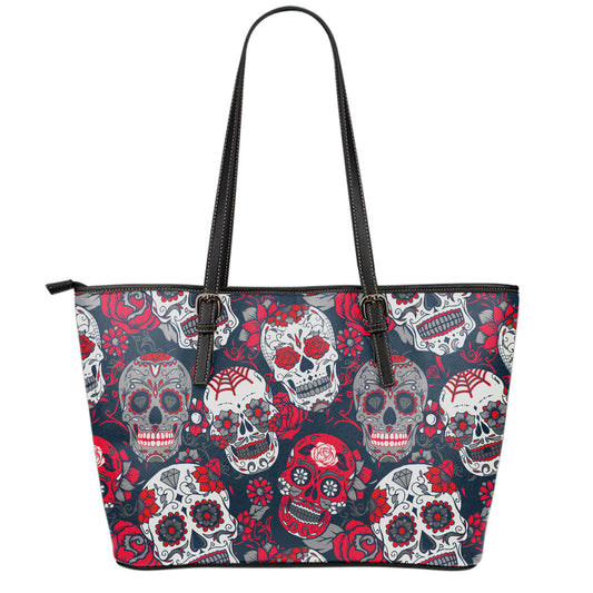 White Red Sugar Skull Pattern Print Leather Tote Bag