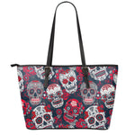 White Red Sugar Skull Pattern Print Leather Tote Bag