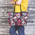 White Red Sugar Skull Pattern Print Leather Tote Bag