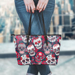 White Red Sugar Skull Pattern Print Leather Tote Bag