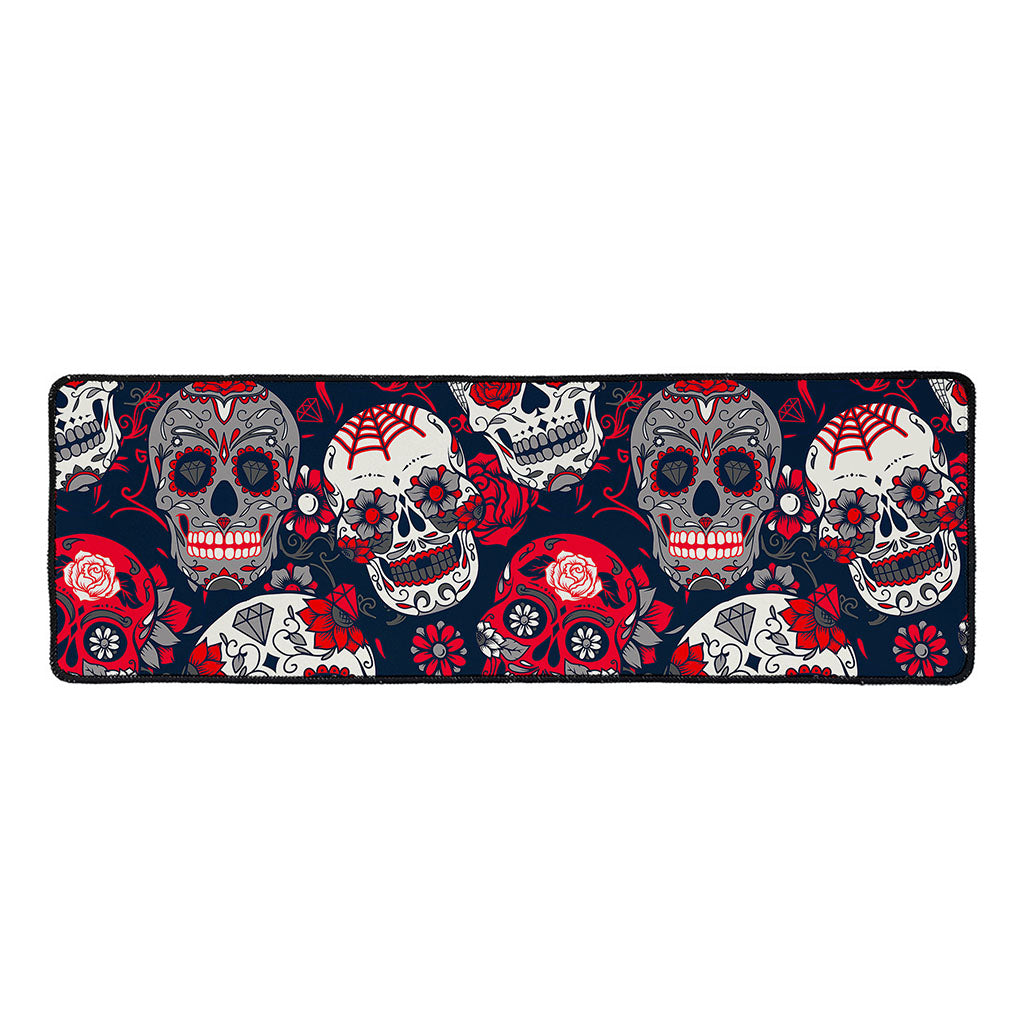 White Red Sugar Skull Pattern Print Long Kitchen Mat