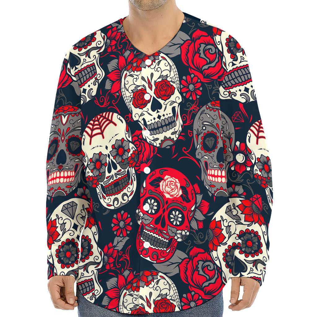 White Red Sugar Skull Pattern Print Long Sleeve Baseball Jersey