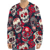 White Red Sugar Skull Pattern Print Long Sleeve Baseball Jersey