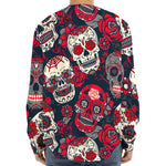 White Red Sugar Skull Pattern Print Long Sleeve Baseball Jersey