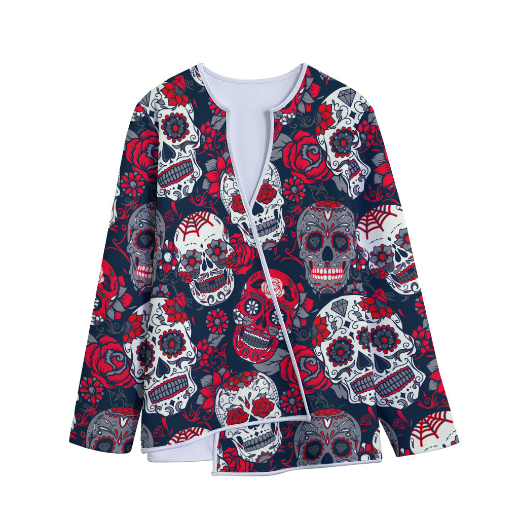 White Red Sugar Skull Pattern Print Long Sleeve Short Coat