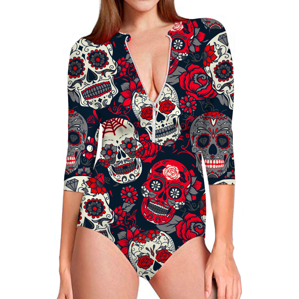 White Red Sugar Skull Pattern Print Long Sleeve Swimsuit