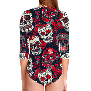 White Red Sugar Skull Pattern Print Long Sleeve Swimsuit