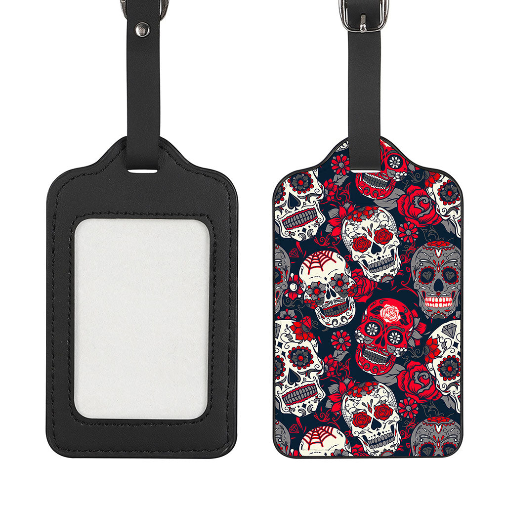 White Red Sugar Skull Pattern Print Luggage Tag