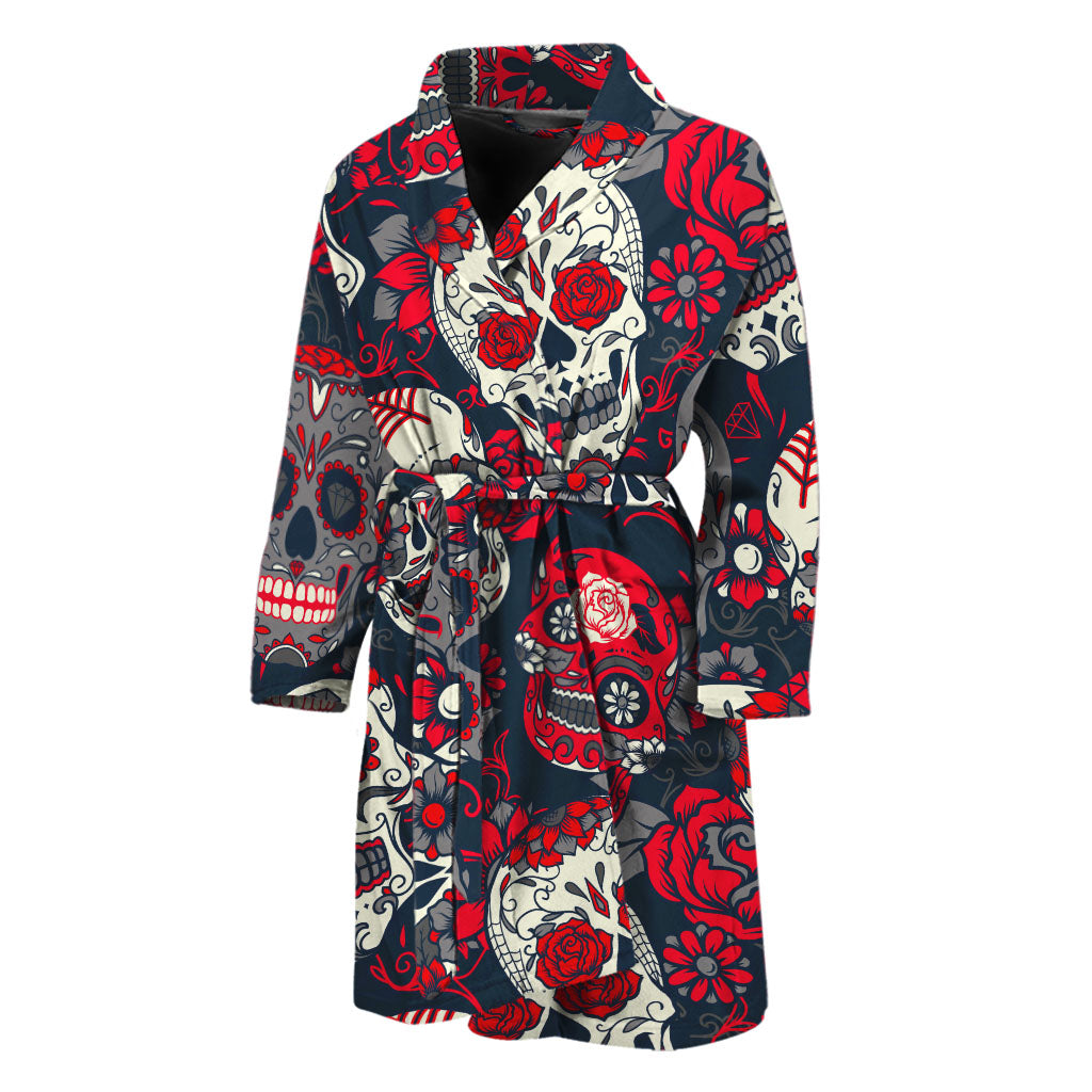 White Red Sugar Skull Pattern Print Men's Bathrobe
