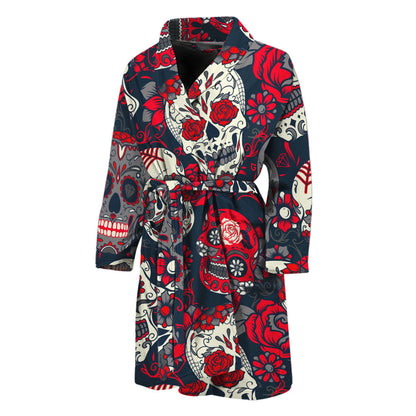 White Red Sugar Skull Pattern Print Men's Bathrobe
