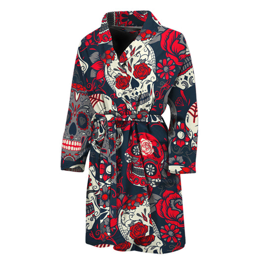 White Red Sugar Skull Pattern Print Men's Bathrobe