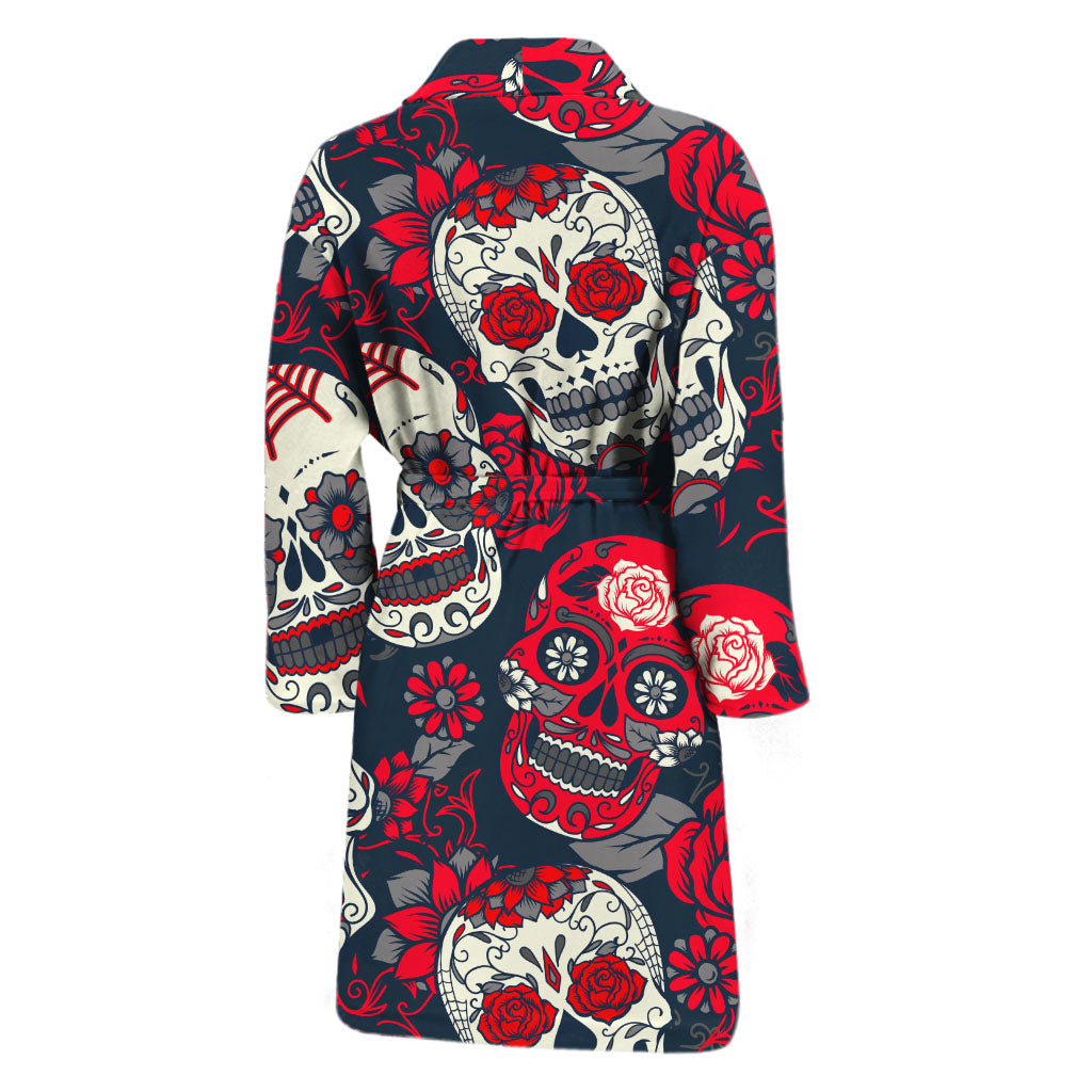 White Red Sugar Skull Pattern Print Men's Bathrobe