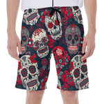 White Red Sugar Skull Pattern Print Men's Beach Shorts