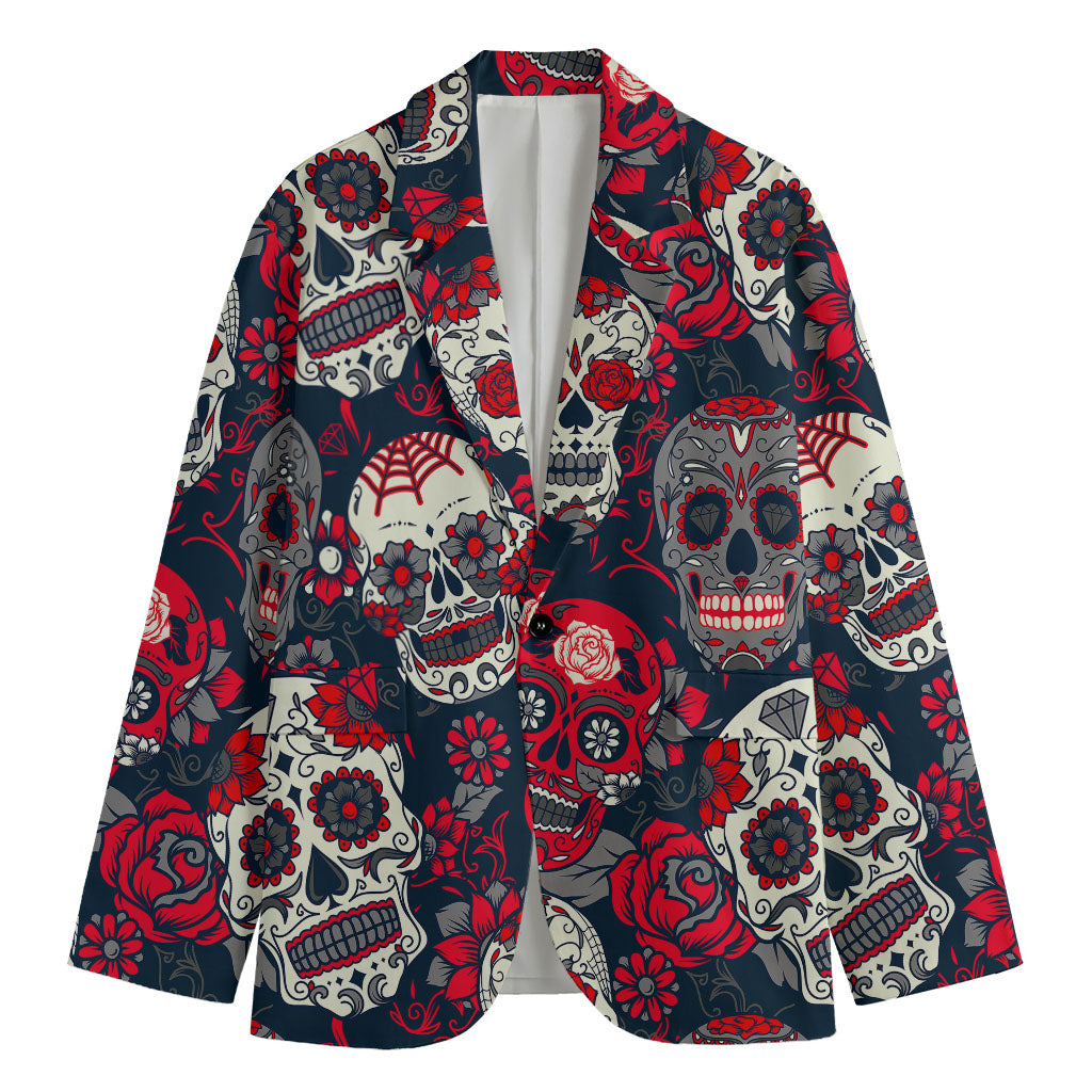 White Red Sugar Skull Pattern Print Men's Blazer