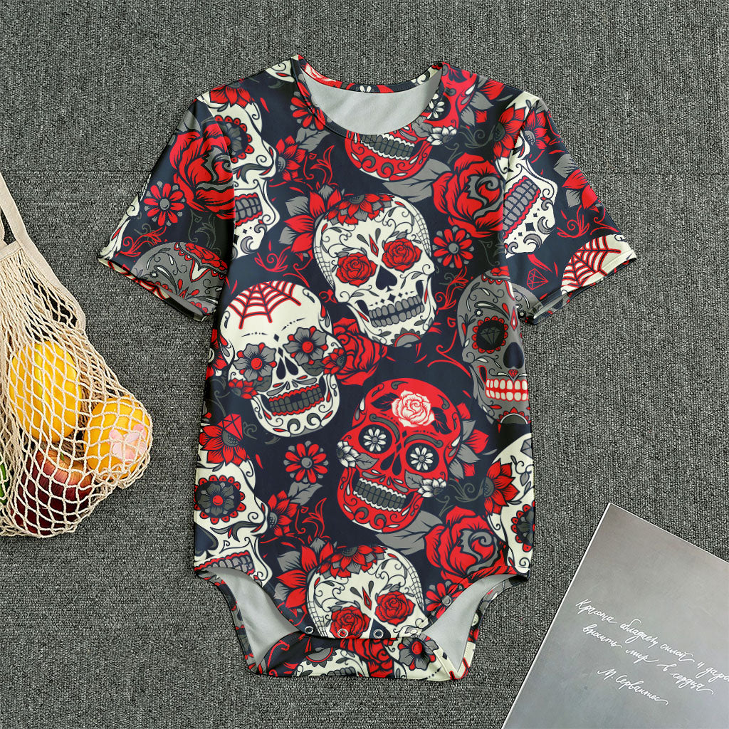 White Red Sugar Skull Pattern Print Men's Bodysuit