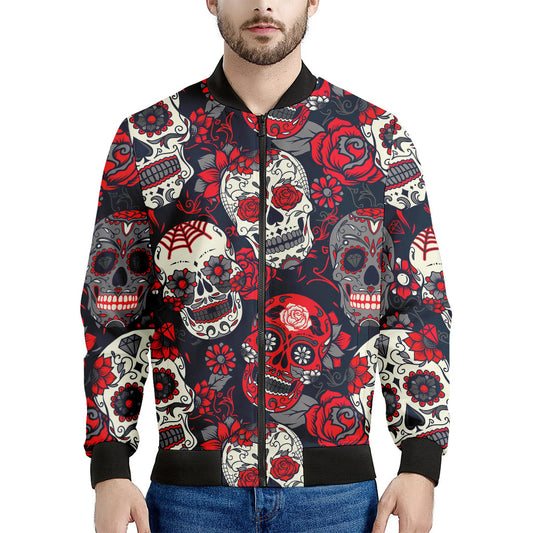White Red Sugar Skull Pattern Print Men's Bomber Jacket