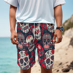 White Red Sugar Skull Pattern Print Men's Cargo Shorts