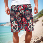 White Red Sugar Skull Pattern Print Men's Cargo Shorts