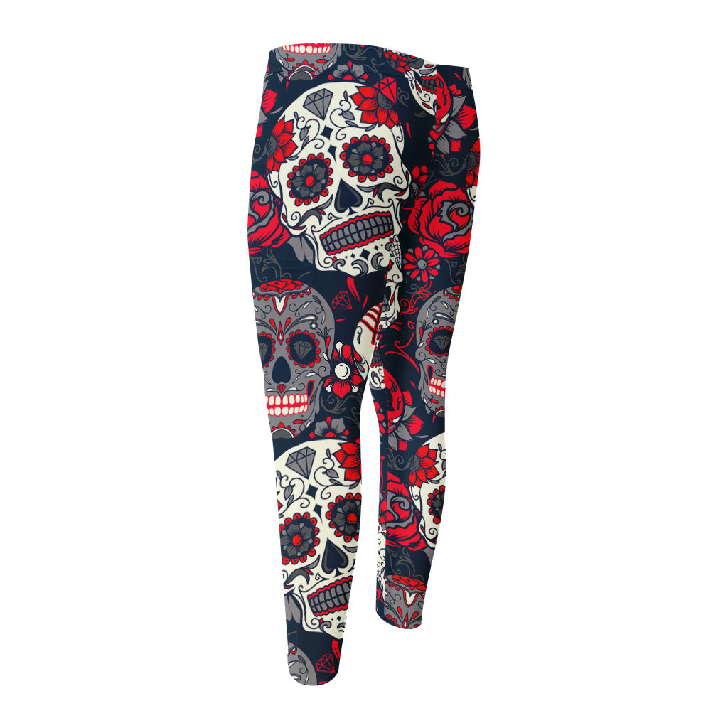 White Red Sugar Skull Pattern Print Men's Compression Pants