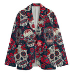 White Red Sugar Skull Pattern Print Men's Cotton Blazer
