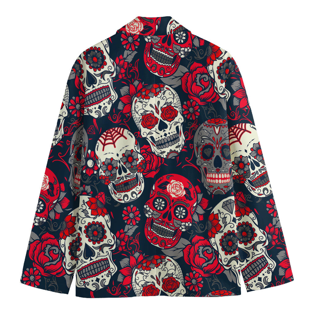 White Red Sugar Skull Pattern Print Men's Cotton Blazer