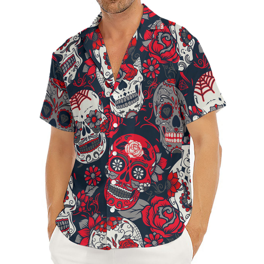White Red Sugar Skull Pattern Print Men's Deep V-Neck Shirt