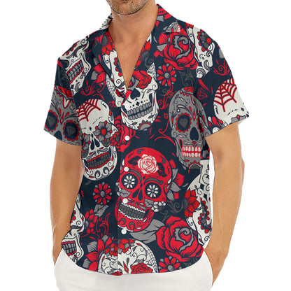 White Red Sugar Skull Pattern Print Men's Deep V-Neck Shirt